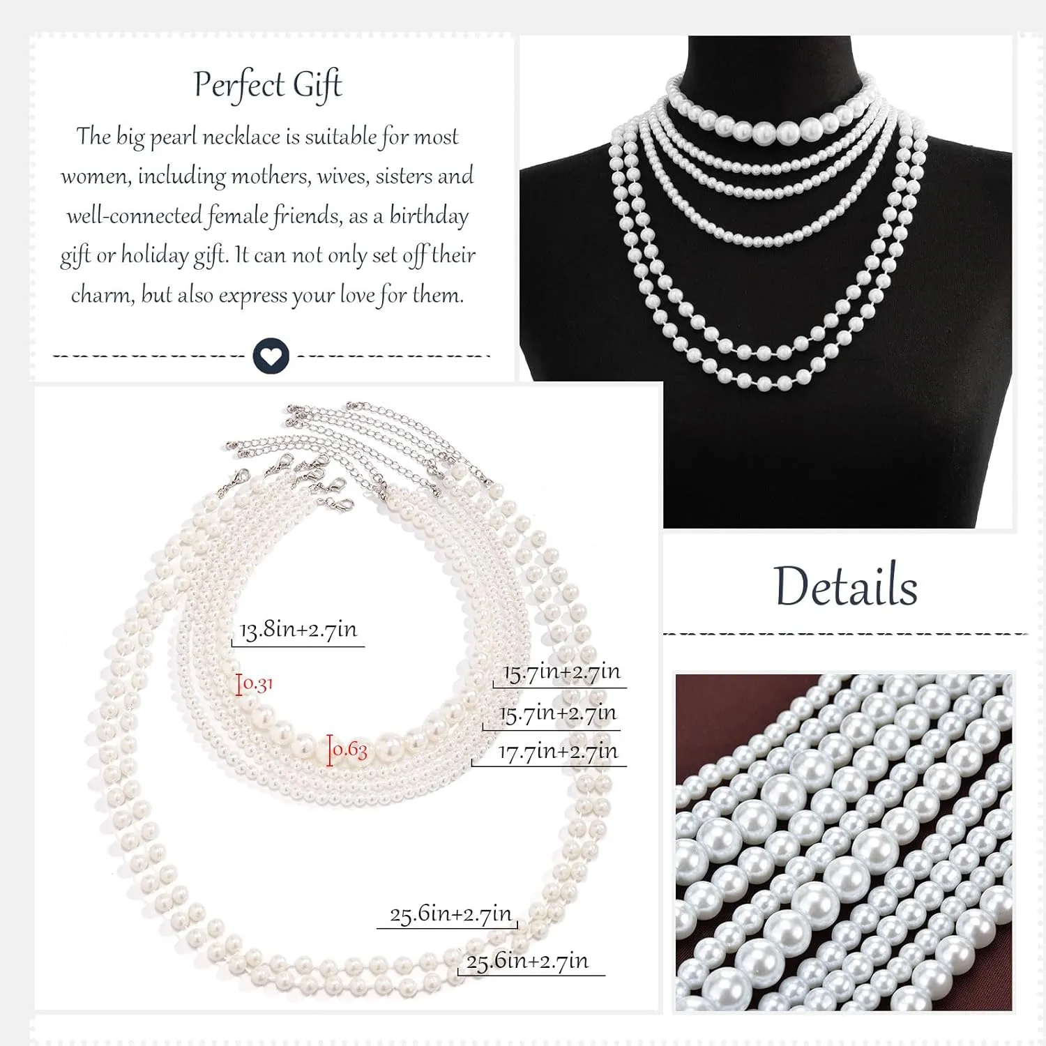 Pearl Necklaces for Women Chunky Pearl Necklace Big Pearl Necklace Statement Necklace Trendy Wedding Party Prom Jewelry for Birde Bridesmaid Accessories