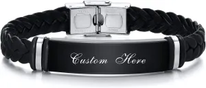 Personalized Black Leather Bracelets for Men - Customized Name Date ID Bracelets Gift to Him,Husband,Dad, Braided PU Stainless Steel Wristband Gift for Graduation, Christmas, Anniversary, Father's Day