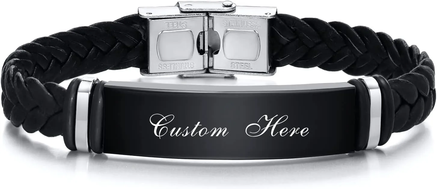 Personalized Black Leather Bracelets for Men - Customized Name Date ID Bracelets Gift to Him,Husband,Dad, Braided PU Stainless Steel Wristband Gift for Graduation, Christmas, Anniversary, Father's Day