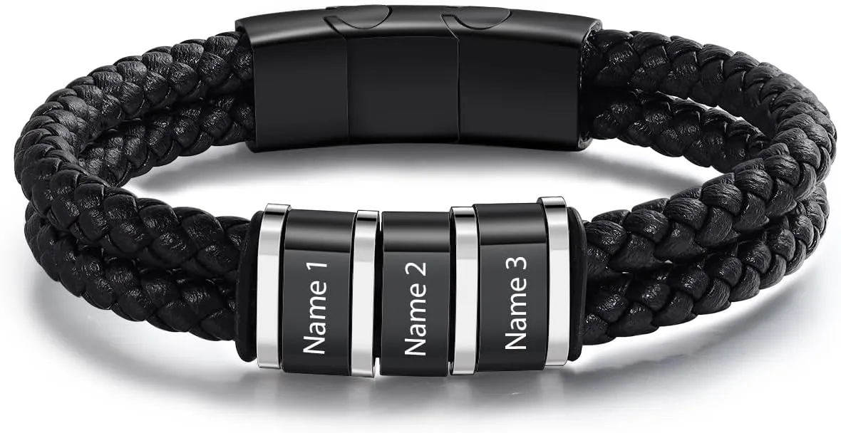 Personalized Bracelets for Men Custom Men's Name Bracelets Braid Leather Bracelet with 1-5 Names Engraved Personalized Gift for Men Dad Fathers Day Valentines
