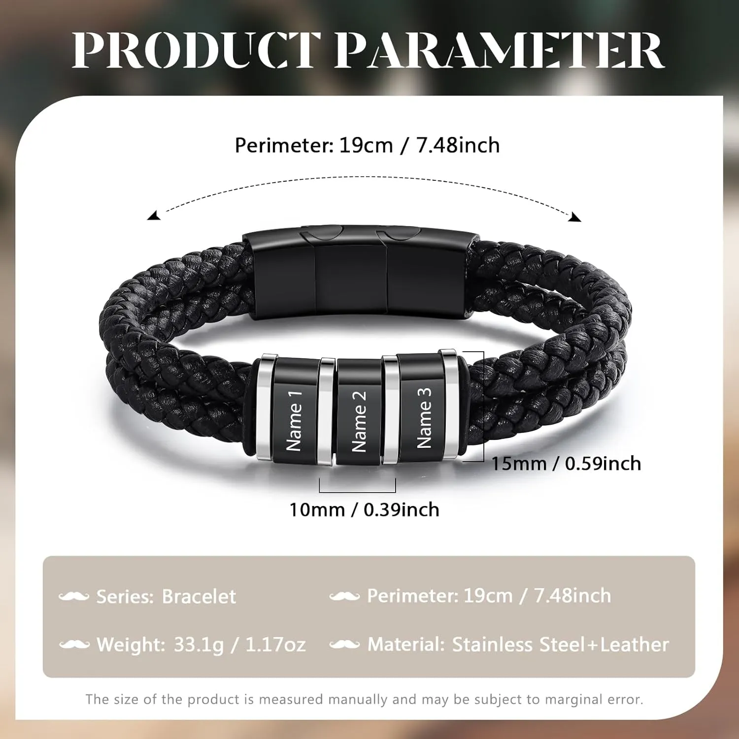 Personalized Bracelets for Men Custom Men's Name Bracelets Braid Leather Bracelet with 1-5 Names Engraved Personalized Gift for Men Dad Fathers Day Valentines