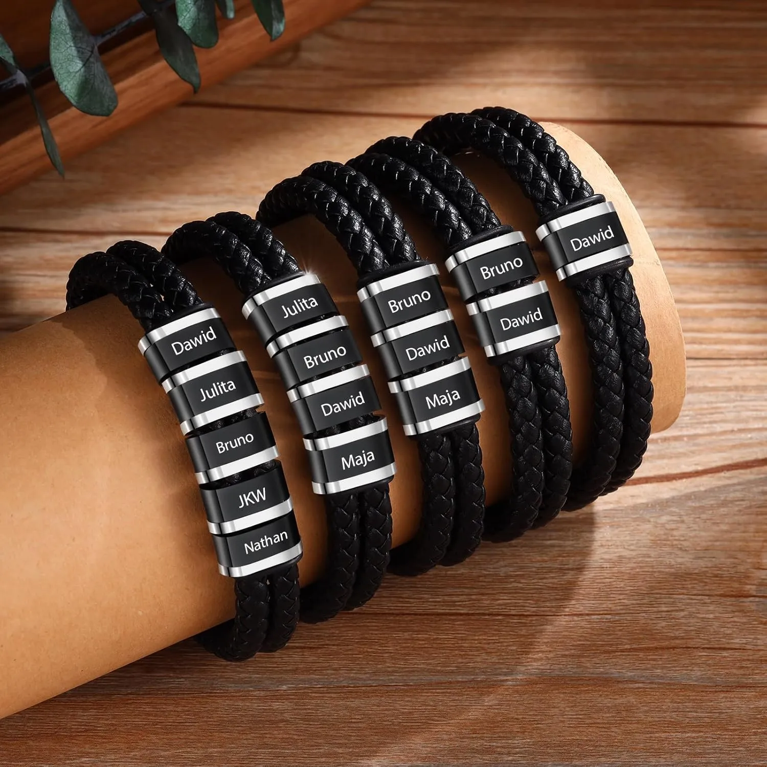Personalized Bracelets for Men Custom Men's Name Bracelets Braid Leather Bracelet with 1-5 Names Engraved Personalized Gift for Men Dad Fathers Day Valentines