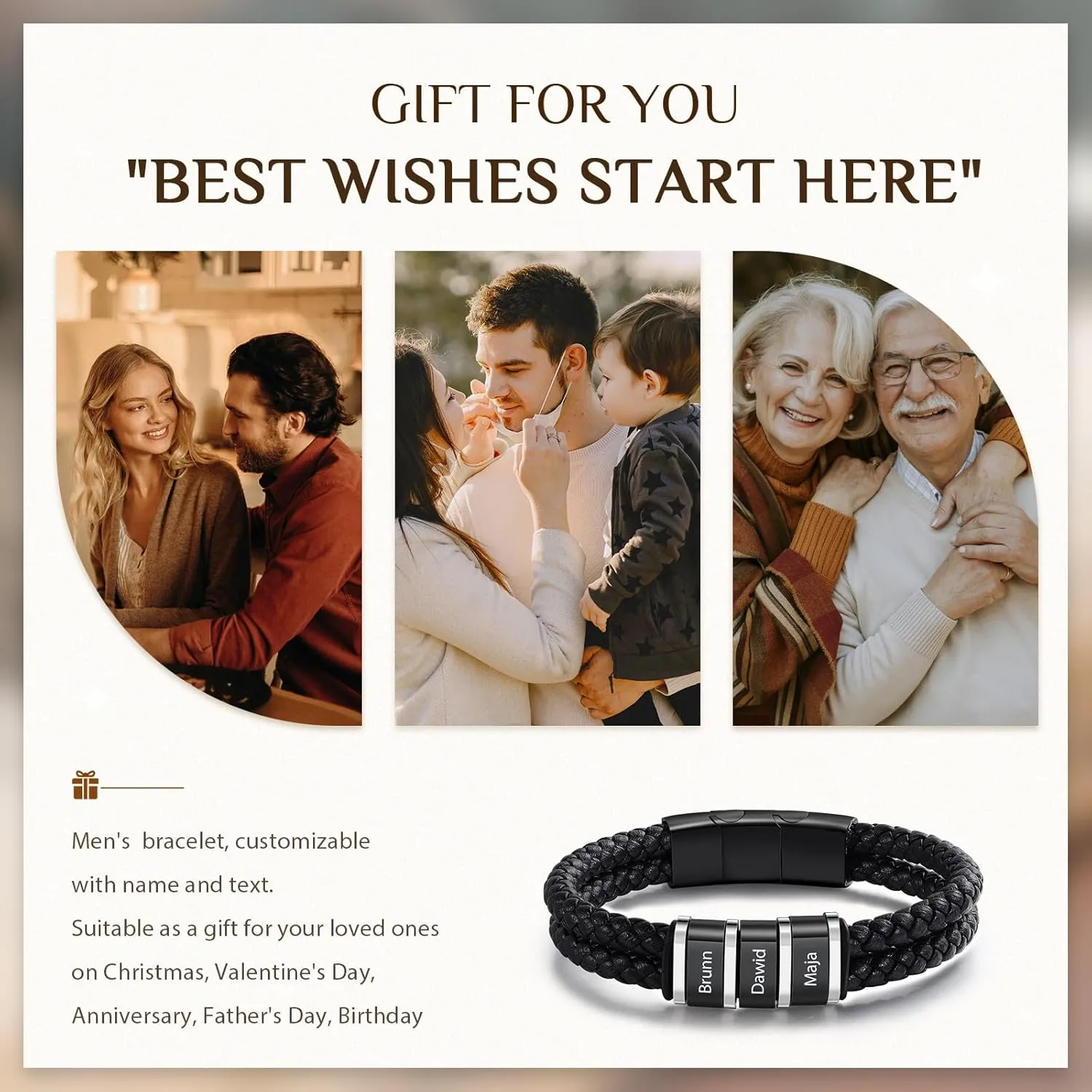 Personalized Bracelets for Men Custom Men's Name Bracelets Braid Leather Bracelet with 1-5 Names Engraved Personalized Gift for Men Dad Fathers Day Valentines