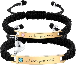 Personalized Matching Bracelets for Couples Adjustable Matching Couples Bracelets Set with Connectable Heart Custom Engraving Relationship Name Bracelet Jewelry Gifts for Men Women Couples