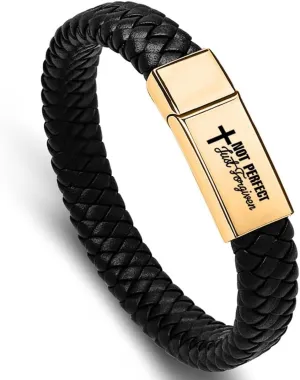 Personalized Religious Christian Scripture Bible Verse Quote Encourage ID Bracelets Braided Leather Gold Plated Stainless Steel Inspirational Cuff Bracelets for Unisex