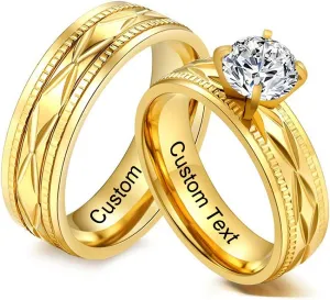 Personalized Wedding Rings Set for Him and Her Custom Wedding Band Womens Mens Engagement Rings Couples Matching Rings Gold Titanium Cubic Zirconia