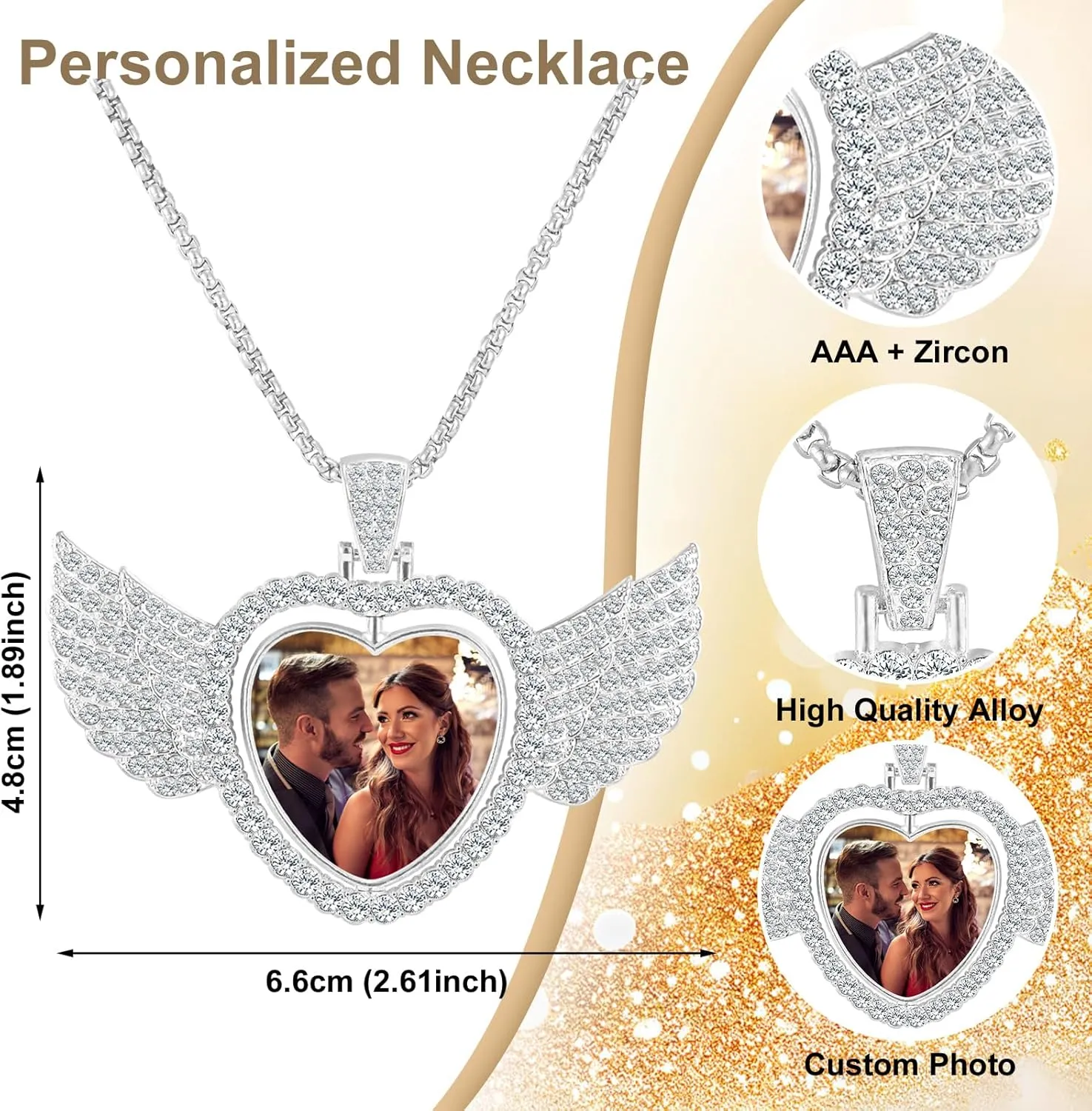 Picture Necklace Personalized Photo for Men Women Customized Hip Hop Jewelry Angel Wing Necklace Pendant Custom Memory Necklaces Chain Gifts