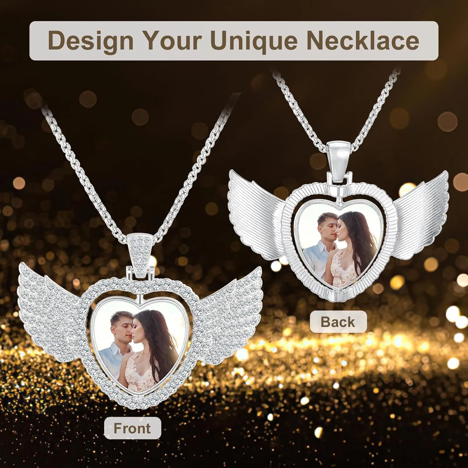 Picture Necklace Personalized Photo for Men Women Customized Hip Hop Jewelry Angel Wing Necklace Pendant Custom Memory Necklaces Chain Gifts