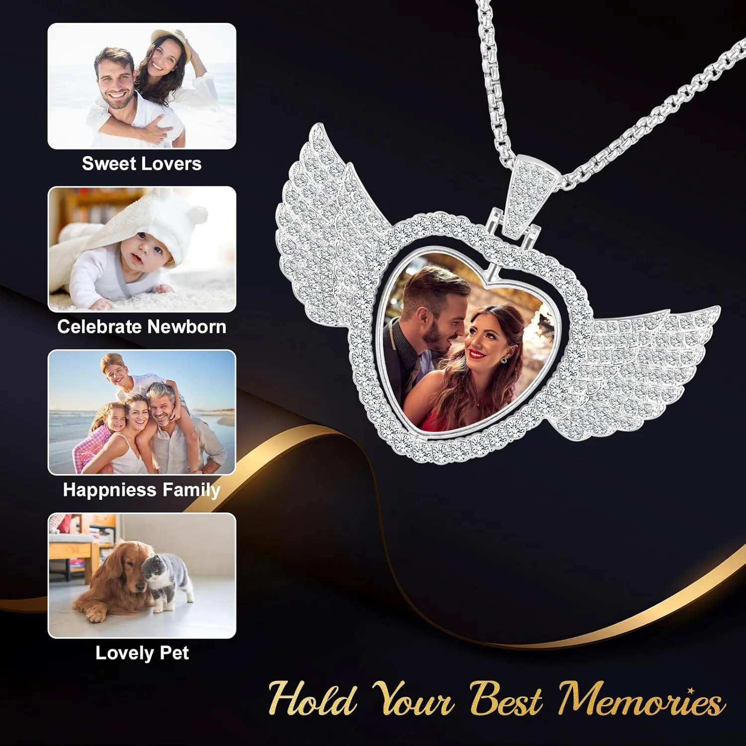Picture Necklace Personalized Photo for Men Women Customized Hip Hop Jewelry Angel Wing Necklace Pendant Custom Memory Necklaces Chain Gifts