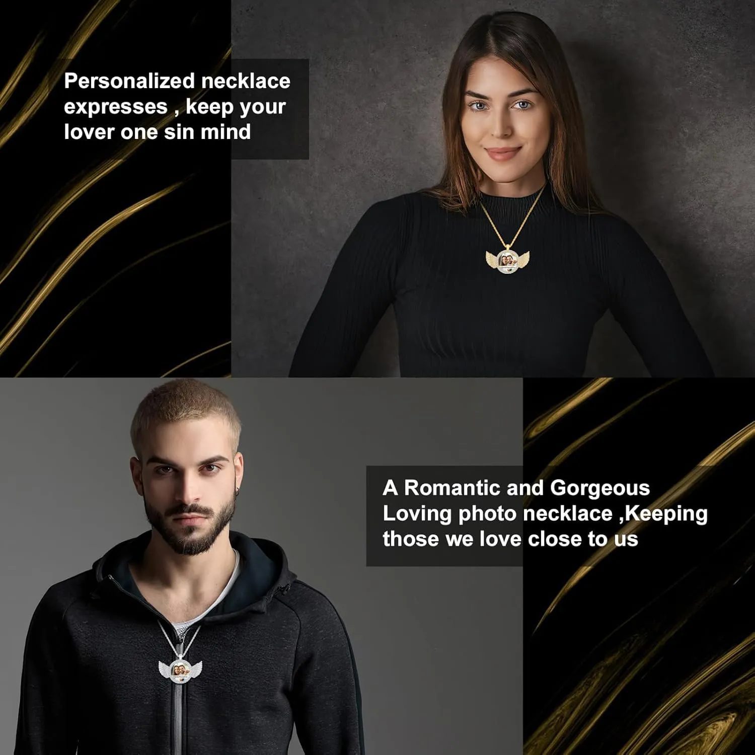 Picture Necklace Personalized Photo for Men Women Customized Hip Hop Jewelry Angel Wing Necklace Pendant Custom Memory Necklaces Chain Gifts