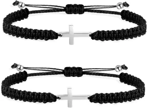 Pingyongchang 2 PCS Cross Friendship Bracelets String Rope Braided Bracelet Charm Adjustable Matching Handmade Couples Bracelets for Teen Men Women Lucky Jewelry Set A Black