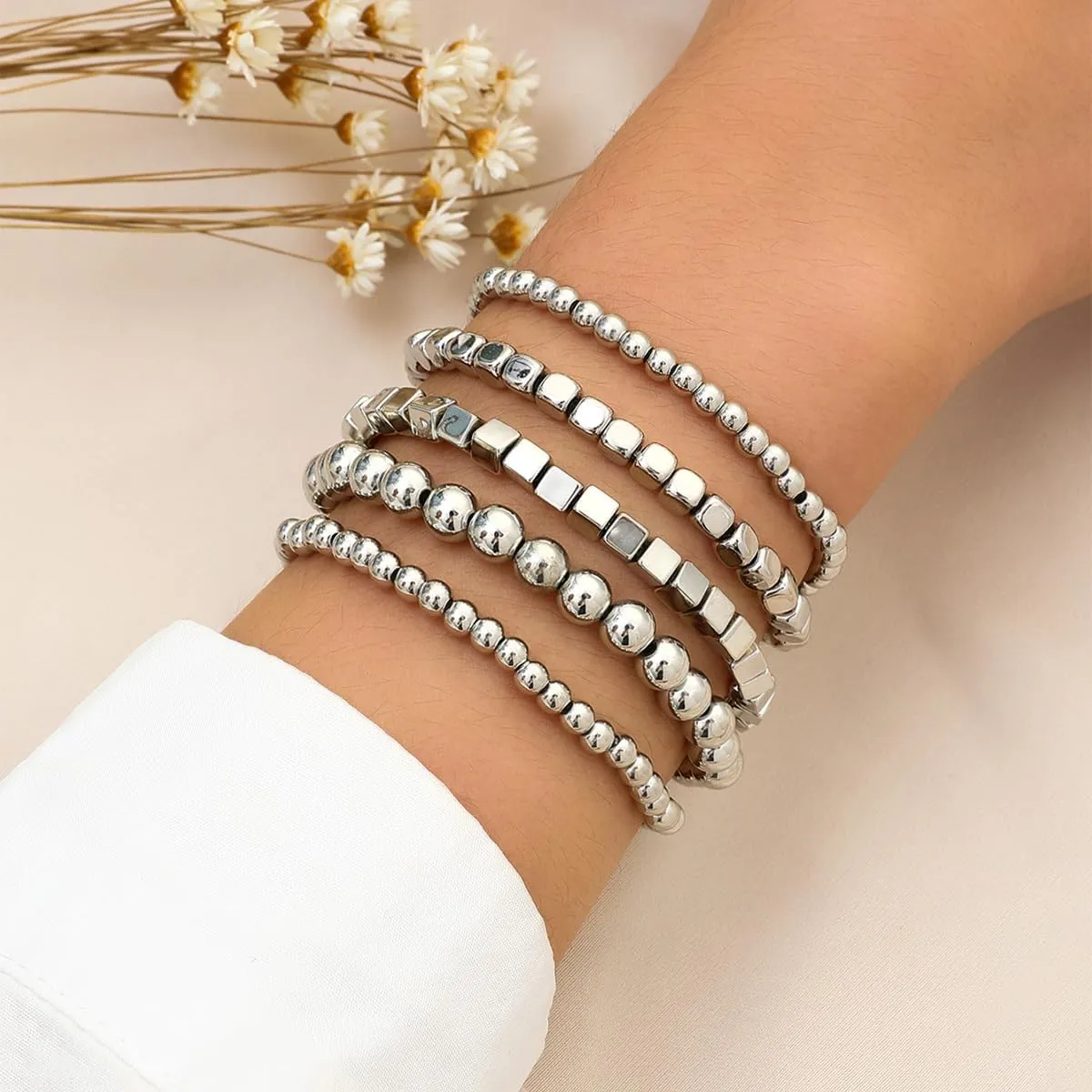 Pingyongchang Stackable Beaded 14K Gold Plated Bracelets Set for Women Men Adjustable Hypoallergenic Stretch Bracelet Boho Cuban Chunky Flat Link Chain Punk Jewelry Girls Holiday Birthday Gifts