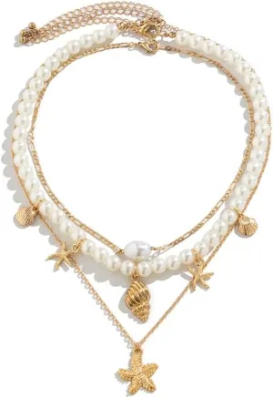 Pingyongchang Starfish Shell Beaded Layered Necklace Bohemian Sequins Conch Seashell Choker Necklaces Set Summer Beach Holiday Jewelry Gifts for Women-E