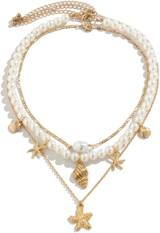 Pingyongchang Starfish Shell Beaded Layered Necklace Bohemian Sequins Conch Seashell Choker Necklaces Set Summer Beach Holiday Jewelry Gifts for Women-E