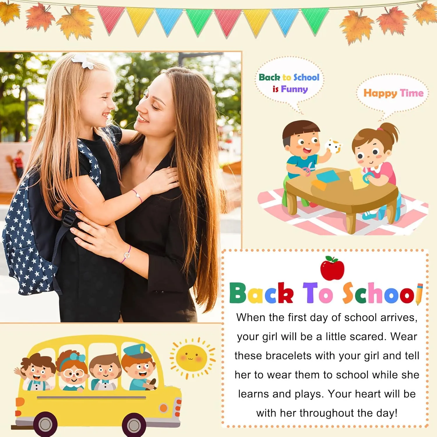 PINKDODO Back to School Gifts Mother Daughter Bracelet Set for 2 First Day of School Bracelet Mommy and Me Bracelets for Mother Daughter Girls Boys