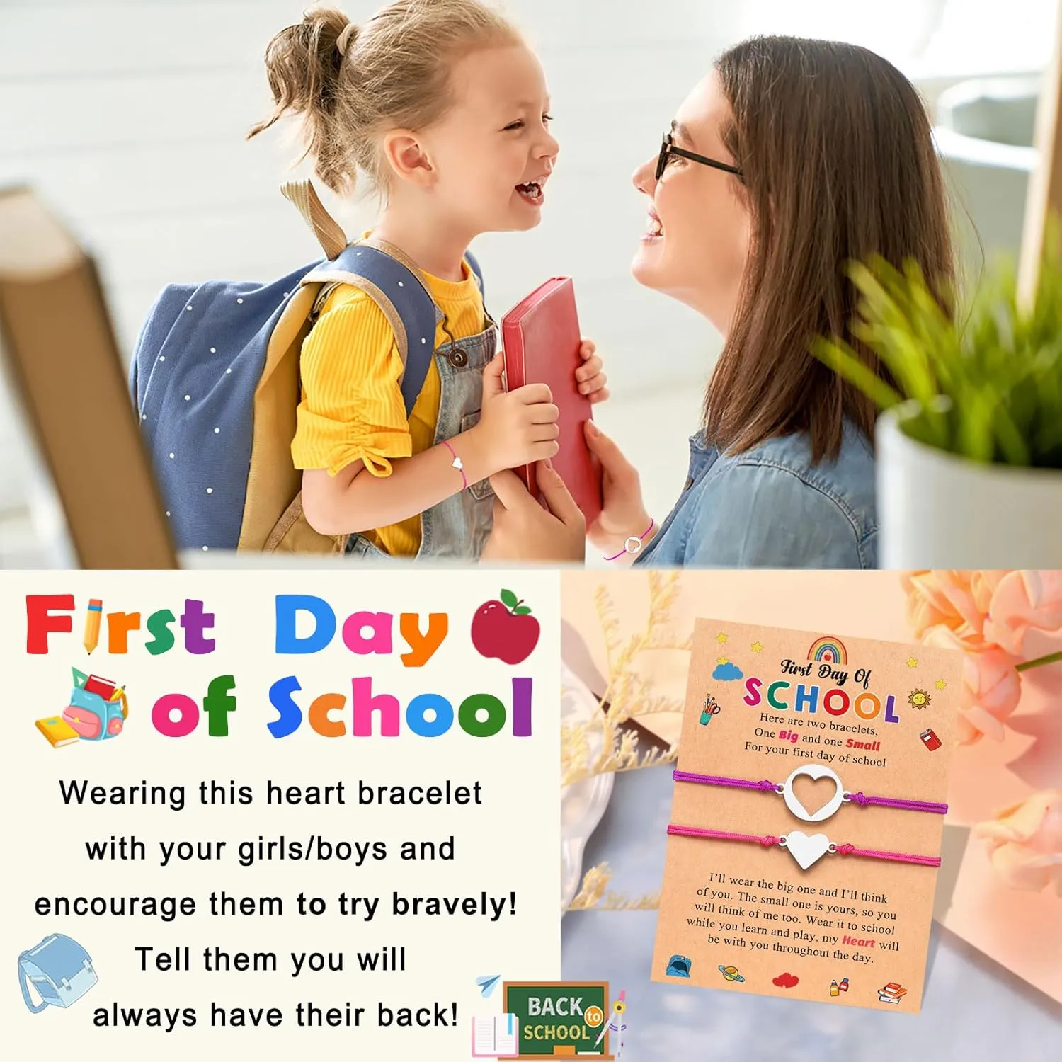 PINKDODO Back to School Gifts Mother Daughter Bracelet Set for 2 First Day of School Bracelet Mommy and Me Bracelets for Mother Daughter Girls Boys