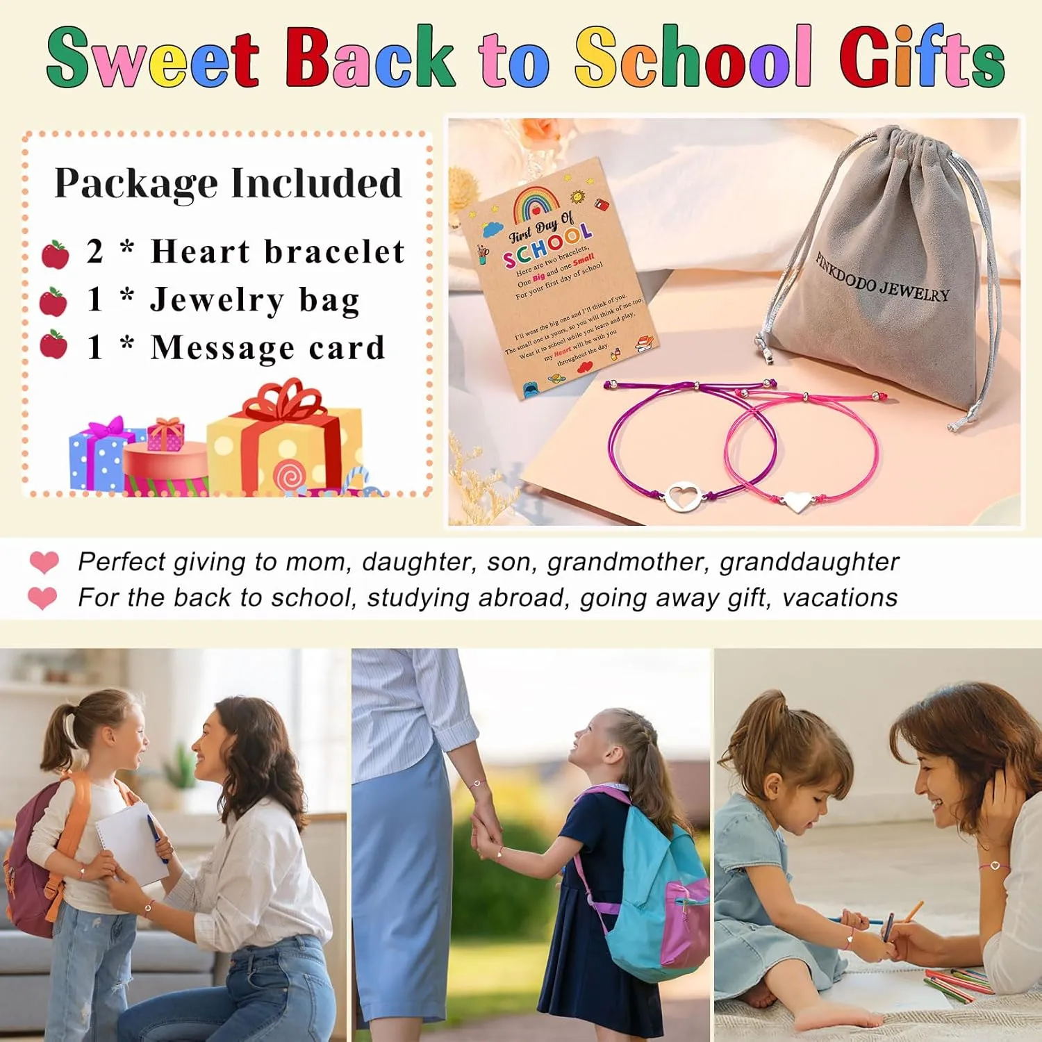 PINKDODO Back to School Gifts Mother Daughter Bracelet Set for 2 First Day of School Bracelet Mommy and Me Bracelets for Mother Daughter Girls Boys