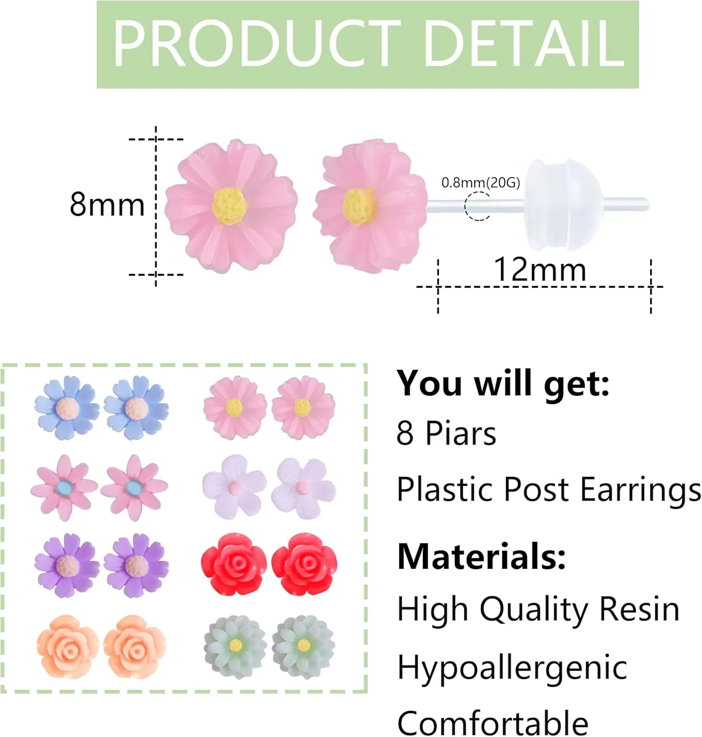 Plastic Post Earrings for Sensitive Ears White Plastic Stud Earrings with Plastic Posts Hypoallergenic Plastic Earrings for Women
