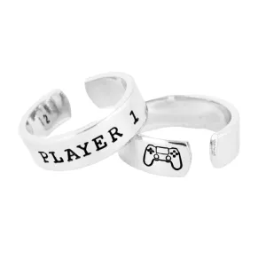 Player 1 & Player 2 Couples Ring Set - Video Games - Friendship Rings - Adjustable Aluminum Rings