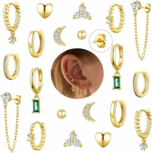PLOMFOV 14K Gold Silver Hoop Studs Earrings Set for Women Dainty Dangle Hoop Gold Earrings Set for Multiple Piercing