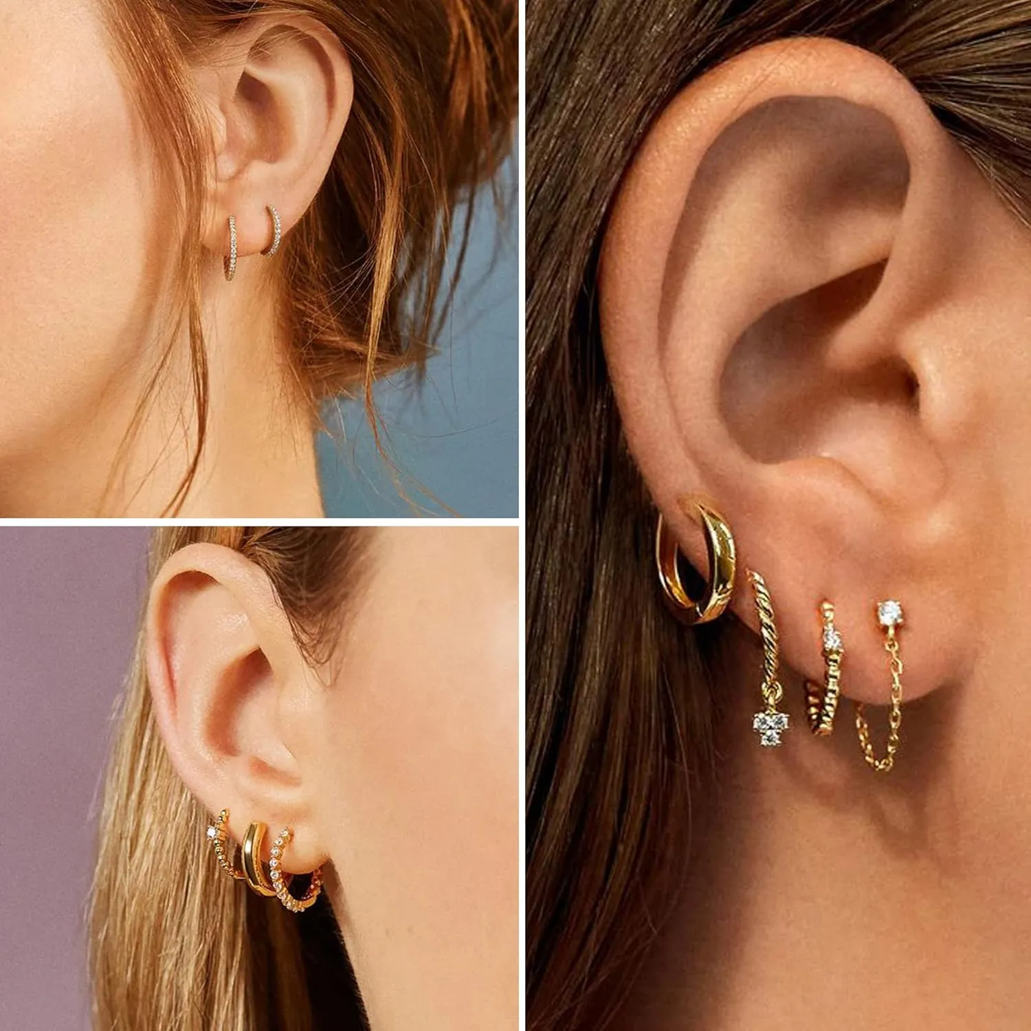 PLOMFOV 14K Gold Silver Hoop Studs Earrings Set for Women Dainty Dangle Hoop Gold Earrings Set for Multiple Piercing