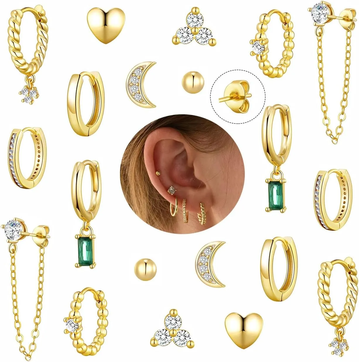 PLOMFOV 14K Gold Silver Hoop Studs Earrings Set for Women Dainty Dangle Hoop Gold Earrings Set for Multiple Piercing