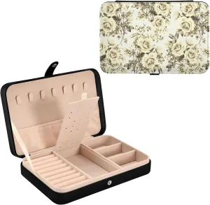 Poeticcity Vintage Retro Rose Flowers and Leaves Seamless on White Travel Jewelry Box, PU Leather Small Jewelry Organizer for Women, Black Storage Holder Boxes for Earrings, Rings, Necklaces