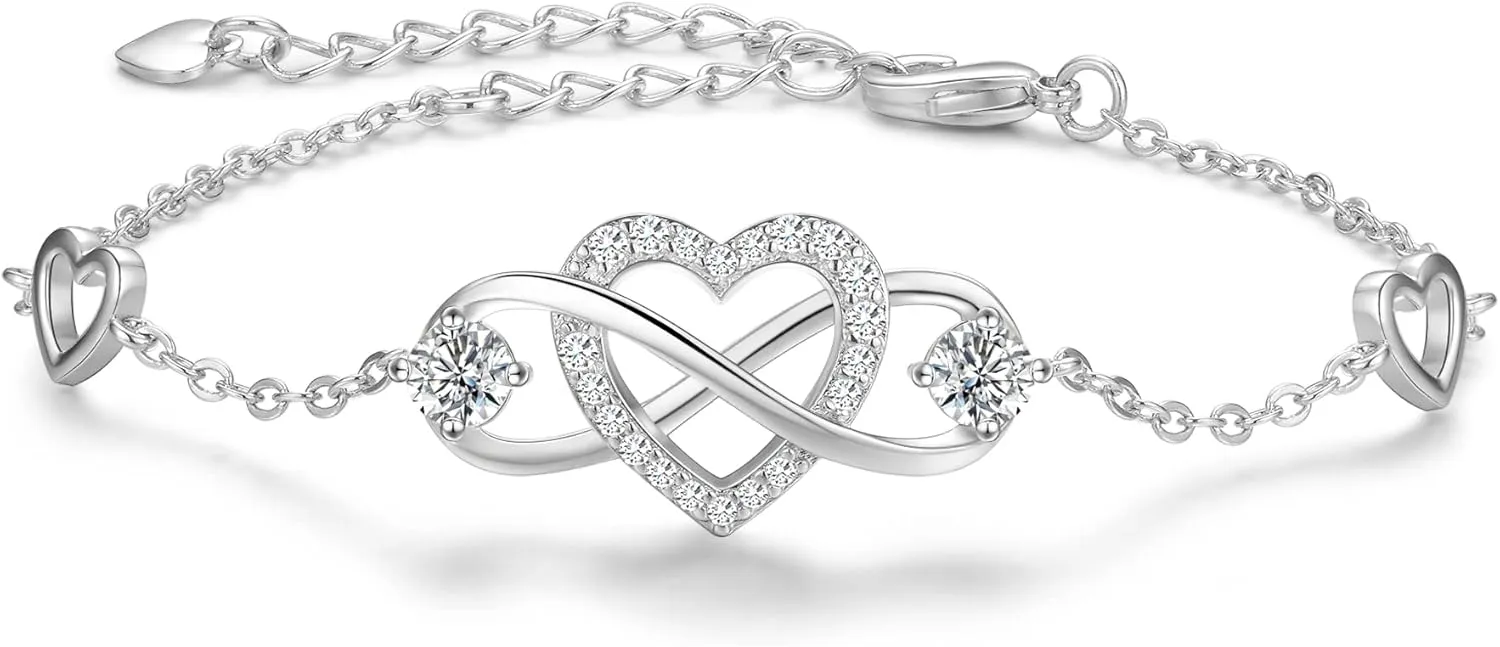 Praelinos Infinity Love Heart Bracelets for Women Birthstone 18K White Gold Plated Silver Tone 5A Cubic Zirconia Adjustable Chain Bracelet Christmas Birthday Mothers Day Jewelry Gift
