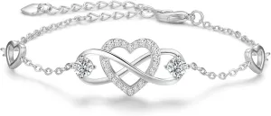 Praelinos Infinity Love Heart Bracelets for Women Birthstone 18K White Gold Plated Silver Tone 5A Cubic Zirconia Adjustable Chain Bracelet Christmas Birthday Mothers Day Jewelry Gift