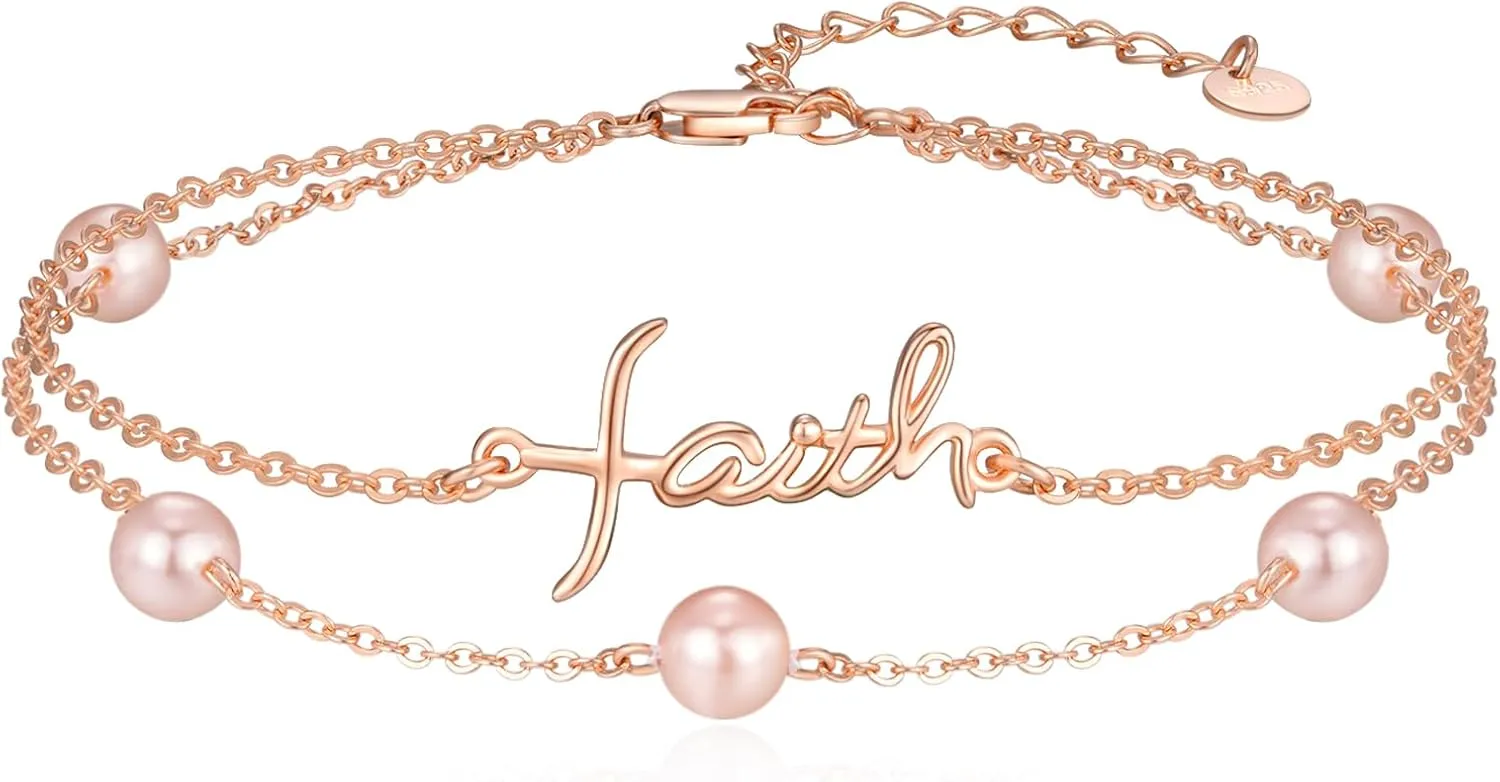 PRAYMOS Faith Bracelet for Women Pearl Bracelets for Women Dainty Freshwater Pearl Bracelet Double Chain Christian Religious Confirmation Jewelry Gifts for Women