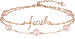 PRAYMOS Faith Bracelet for Women Pearl Bracelets for Women Dainty Freshwater Pearl Bracelet Double Chain Christian Religious Confirmation Jewelry Gifts for Women