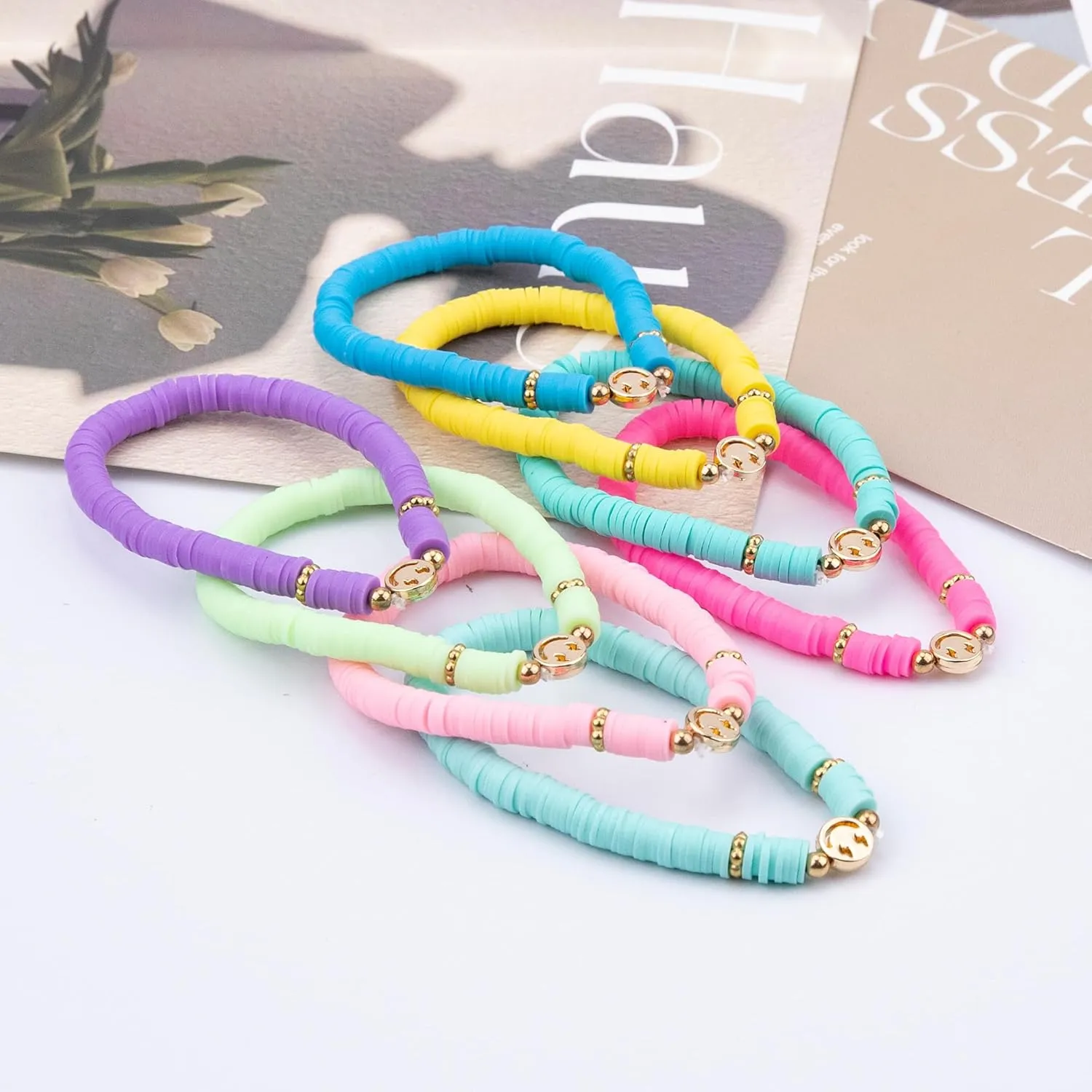 Preppy Bracelets for Teen Girl, Party Favors for Kids 8-12, Beaded Clay Stretch Smile Face Friendship Bracelets, Cute Birthday Party Favors for Tweens
