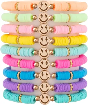 Preppy Bracelets for Teen Girl, Party Favors for Kids 8-12, Beaded Clay Stretch Smile Face Friendship Bracelets, Cute Birthday Party Favors for Tweens