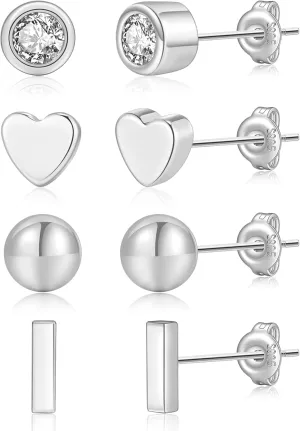 PRETOLE Sterling Silver Stud Earrings, Sterling Silver Earrings 925 Silver Diamond Stud Earrings Hypoallergenic White Gold Plated Stud Earrings Set Cubic Zirconia Stud Earrings for Women
