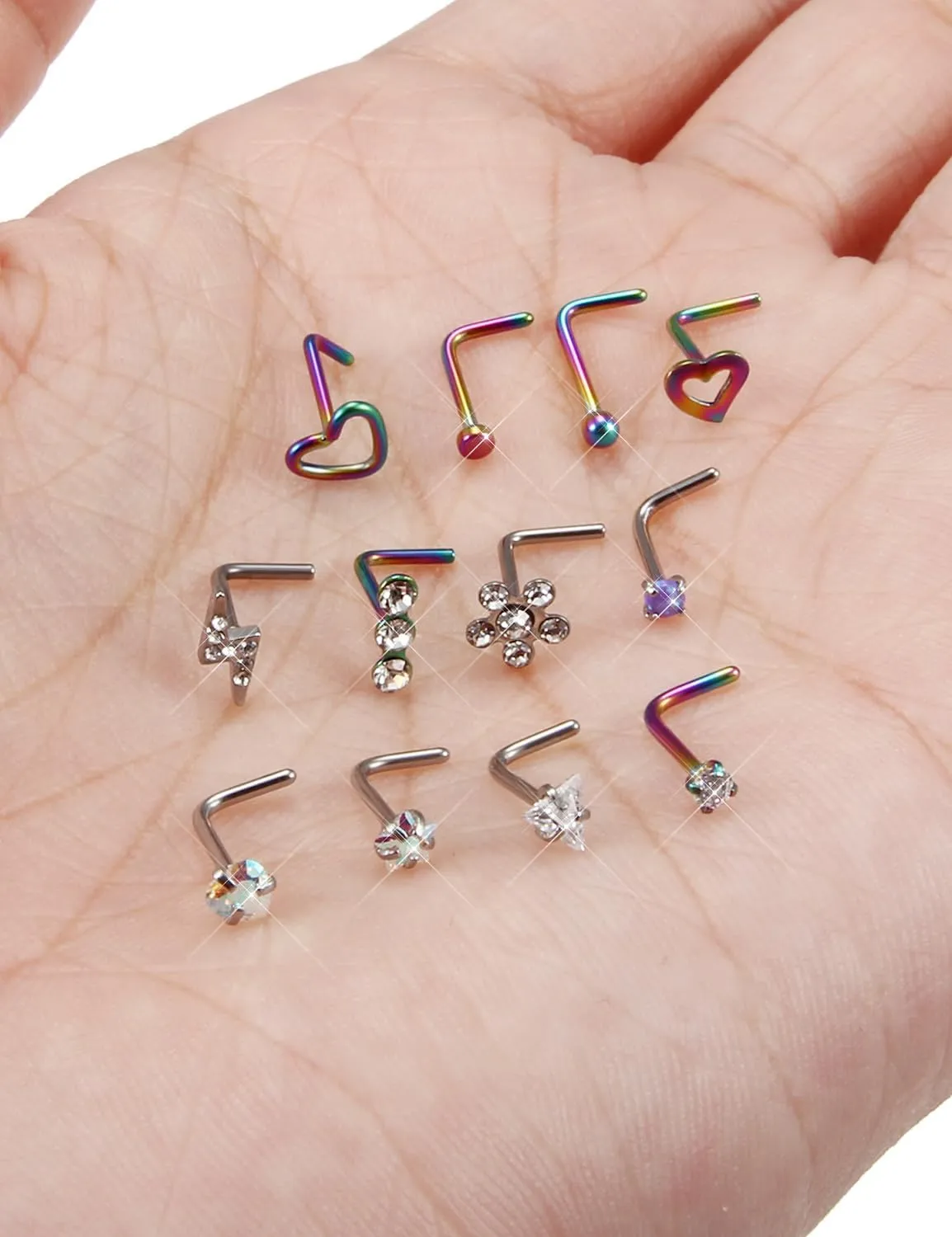 Prjndjw 20GNose Rings Studs Surgical Steel Nose Stud Hypoallergenic Cute CZ Small Heart Star L Shape 20 Gauge Silver Flower Opal Nose Piercing Jewelry