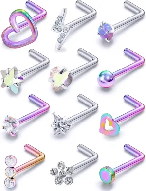 Prjndjw 20GNose Rings Studs Surgical Steel Nose Stud Hypoallergenic Cute CZ Small Heart Star L Shape 20 Gauge Silver Flower Opal Nose Piercing Jewelry