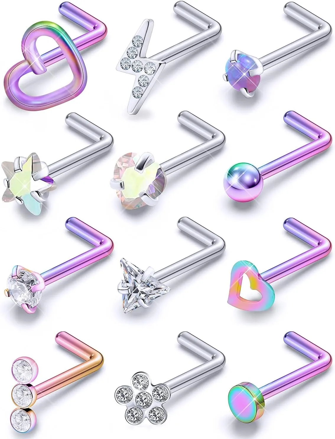 Prjndjw 20GNose Rings Studs Surgical Steel Nose Stud Hypoallergenic Cute CZ Small Heart Star L Shape 20 Gauge Silver Flower Opal Nose Piercing Jewelry