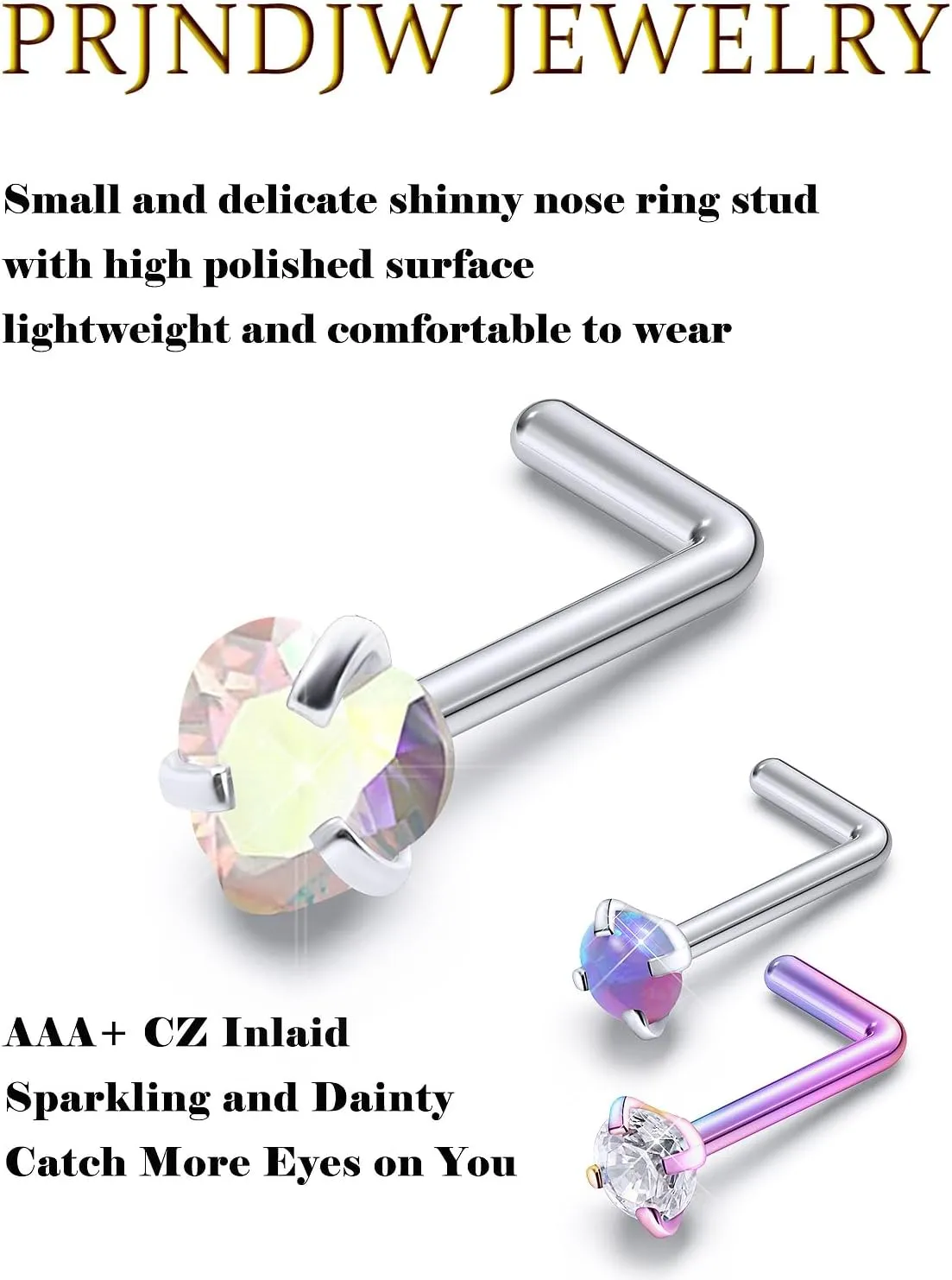 Prjndjw 20GNose Rings Studs Surgical Steel Nose Stud Hypoallergenic Cute CZ Small Heart Star L Shape 20 Gauge Silver Flower Opal Nose Piercing Jewelry