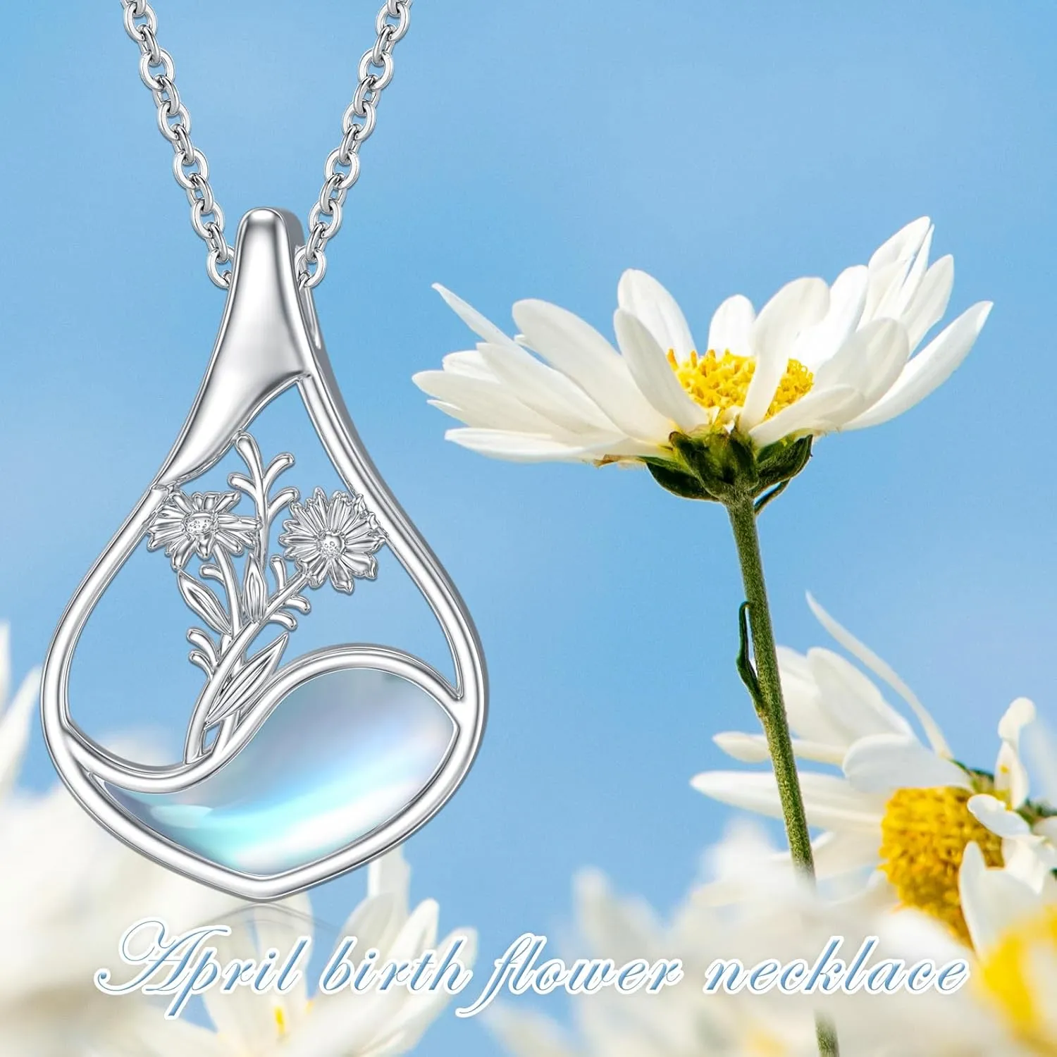 PROESS Moonstone Birth Flower Necklaces for Women Mother Sterling Silver Teardrop Necklace Teardrop Jewelry Gifts for Birthday Christmas