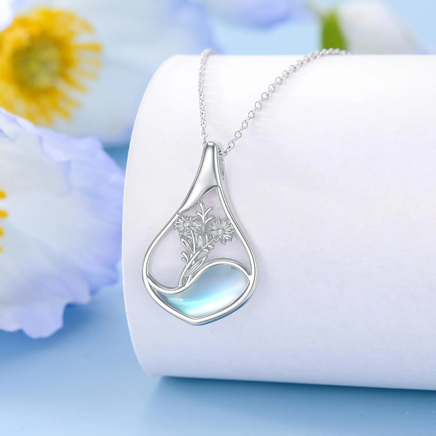 PROESS Moonstone Birth Flower Necklaces for Women Mother Sterling Silver Teardrop Necklace Teardrop Jewelry Gifts for Birthday Christmas