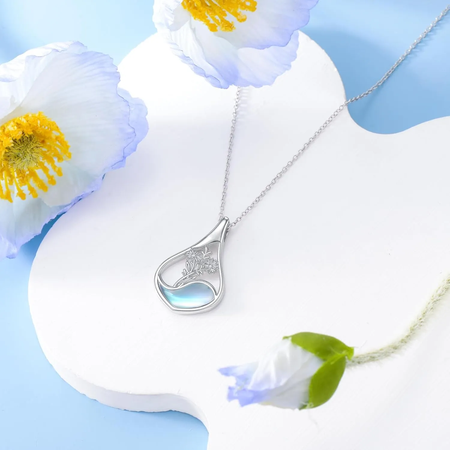 PROESS Moonstone Birth Flower Necklaces for Women Mother Sterling Silver Teardrop Necklace Teardrop Jewelry Gifts for Birthday Christmas