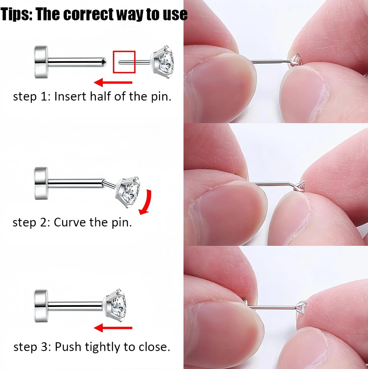 PunkTracker 16g/18g/20g Titanium Steel Threadless Flat Back Cartilage Earrings for Helix/Tragus/Conch/Daith/Earlobe - Nose Studs Lip Rings Labret Monroe Piercing Jewelry for Women Men 2PCS