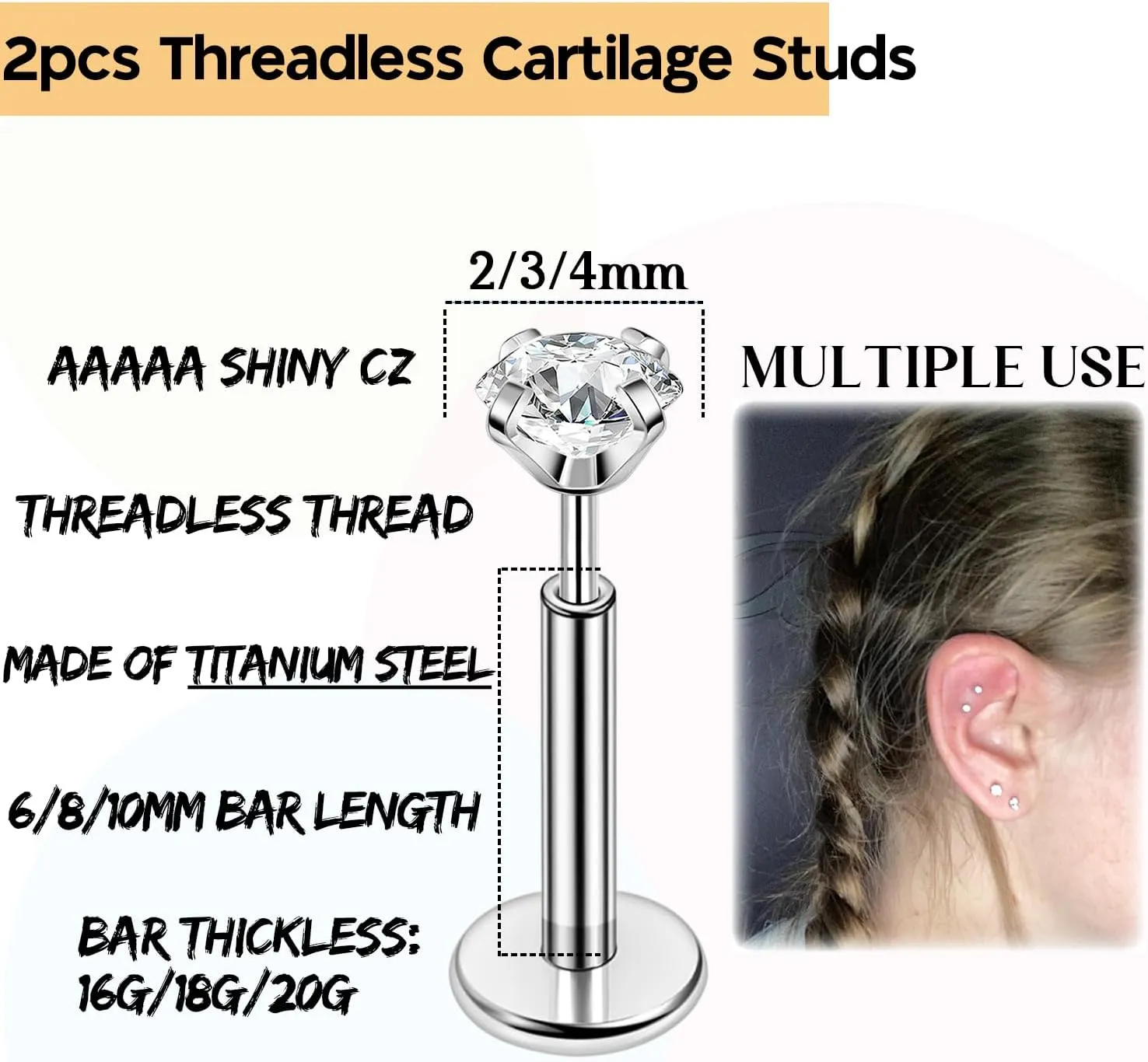 PunkTracker 16g/18g/20g Titanium Steel Threadless Flat Back Cartilage Earrings for Helix/Tragus/Conch/Daith/Earlobe - Nose Studs Lip Rings Labret Monroe Piercing Jewelry for Women Men 2PCS