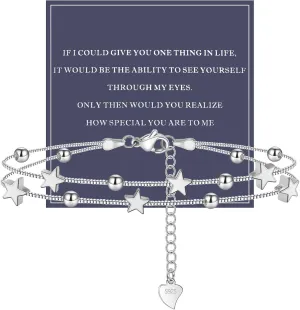 QianSiLi 925 Sterling Silver Bracelets for Women Adjustable Charm Bracelet Layered Stackable Chain Link Star Beaded Bracelets Birthday Christmas Gifts for Women Teen