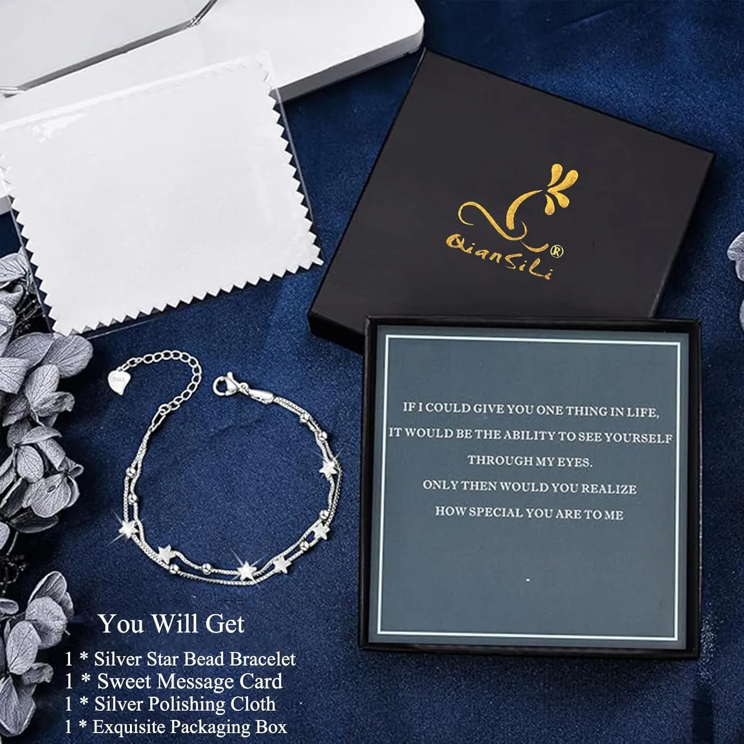 QianSiLi 925 Sterling Silver Bracelets for Women Adjustable Charm Bracelet Layered Stackable Chain Link Star Beaded Bracelets Birthday Christmas Gifts for Women Teen