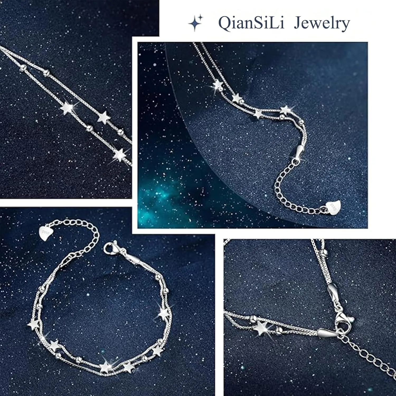 QianSiLi 925 Sterling Silver Bracelets for Women Adjustable Charm Bracelet Layered Stackable Chain Link Star Beaded Bracelets Birthday Christmas Gifts for Women Teen