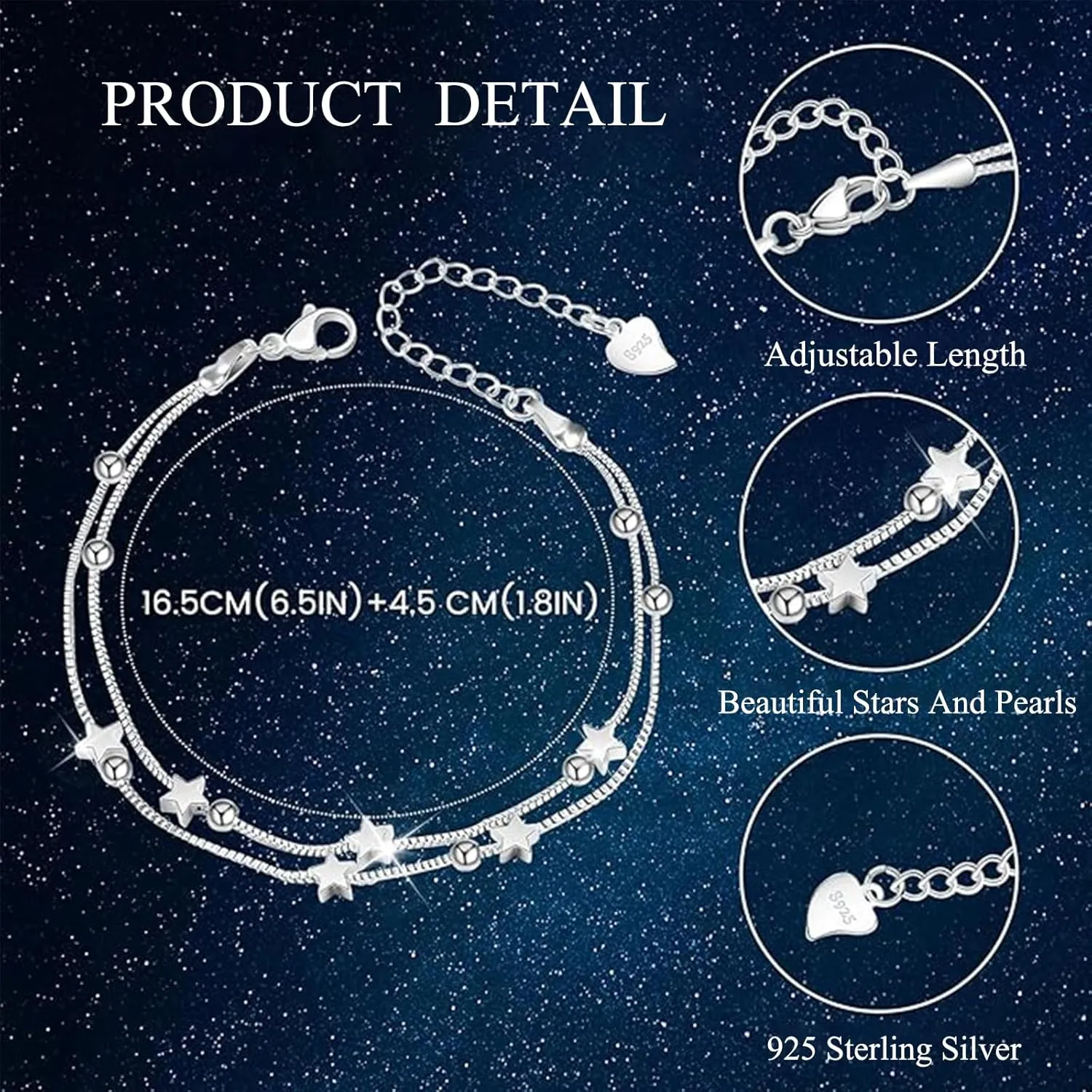 QianSiLi 925 Sterling Silver Bracelets for Women Adjustable Charm Bracelet Layered Stackable Chain Link Star Beaded Bracelets Birthday Christmas Gifts for Women Teen