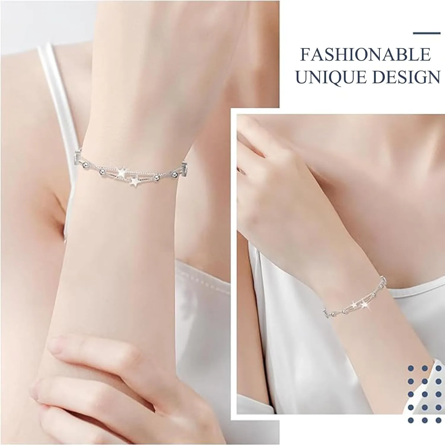 QianSiLi 925 Sterling Silver Bracelets for Women Adjustable Charm Bracelet Layered Stackable Chain Link Star Beaded Bracelets Birthday Christmas Gifts for Women Teen