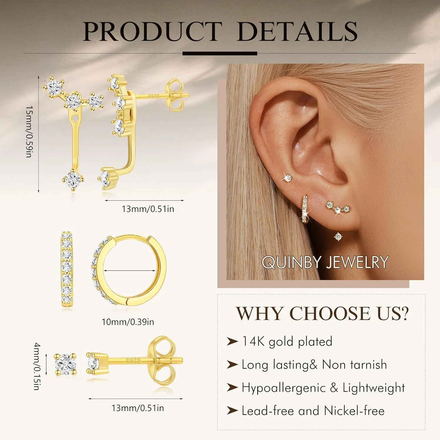 QUINBY Dainty Stud Earrings For Women,925 Sterling Silver Earring Sets For Multiple Piercing,Cartilage Hypoallergenic Earring Jackets For Sensitive Ears