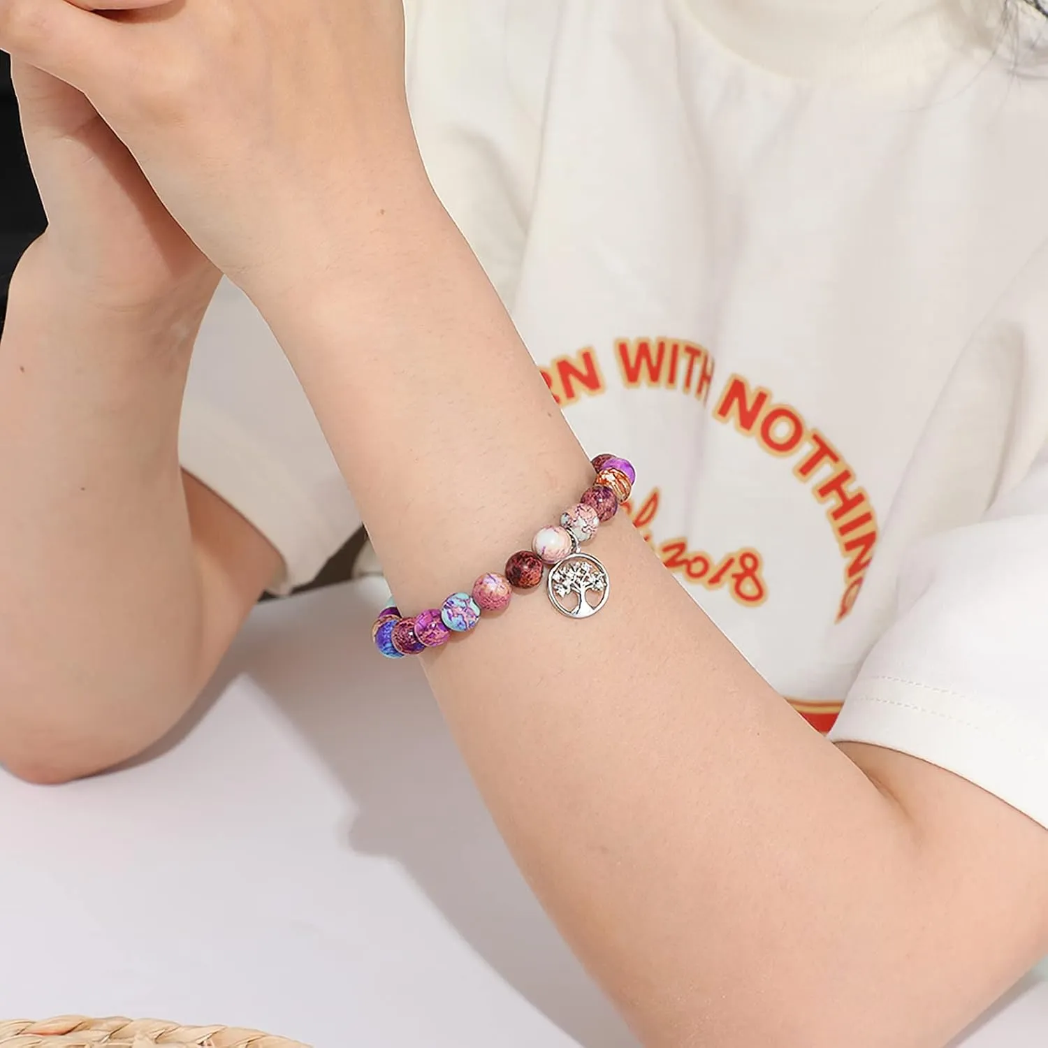 QWNHONEY Mothers Day Gift for Grandma Mom Mother in Law Sister in Law Bonus mom Granny Nana Valentine's Day Birthday Anniversary Pink Red Natural Stone Tree of Life Bracelet